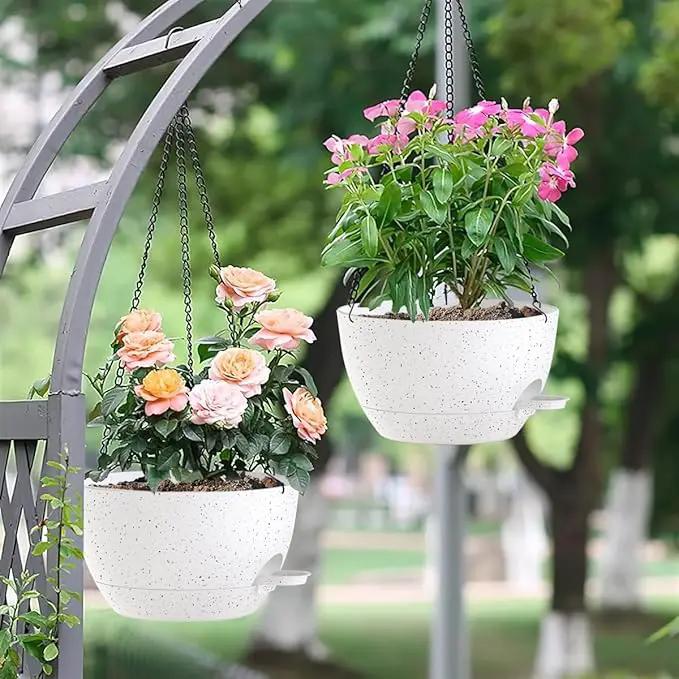 12 Inch Hanging Baskets 2 PC with Chains, Self-Watering Hanging Planters for Indoor Outdoor Plants, Plastic Hanging Flower Pots,Speckled White by GreenHaven Gardens