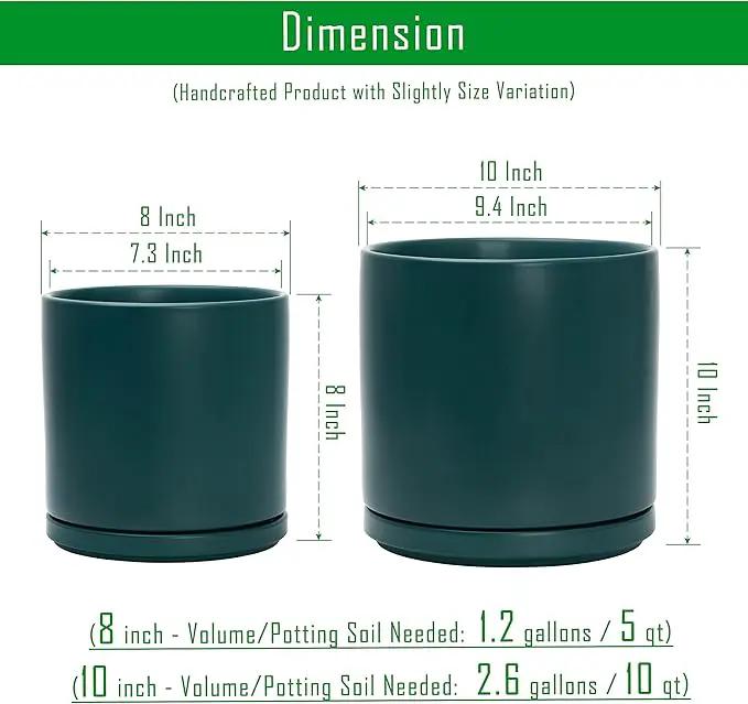 D'vine Dev 8 Inch & 10 Inch Ceramic Planter Pot for Plants with Drainage Hole and Saucer, Large Plant Pots Set, Teal, 94-G-L-9 by GreenHaven Gardens