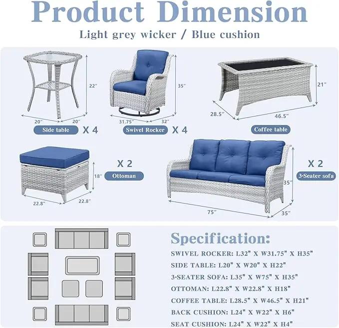 Wicker Patio Furniture Sets - 13 Piece Outdoor Rattan Furniture Conversation Sets with 4 Swivel Rocker Chairs, 2 Rattan Sofas, Wicker Ottomans and Coffee Table, Light Grey/Blue by GreenHaven Gardens