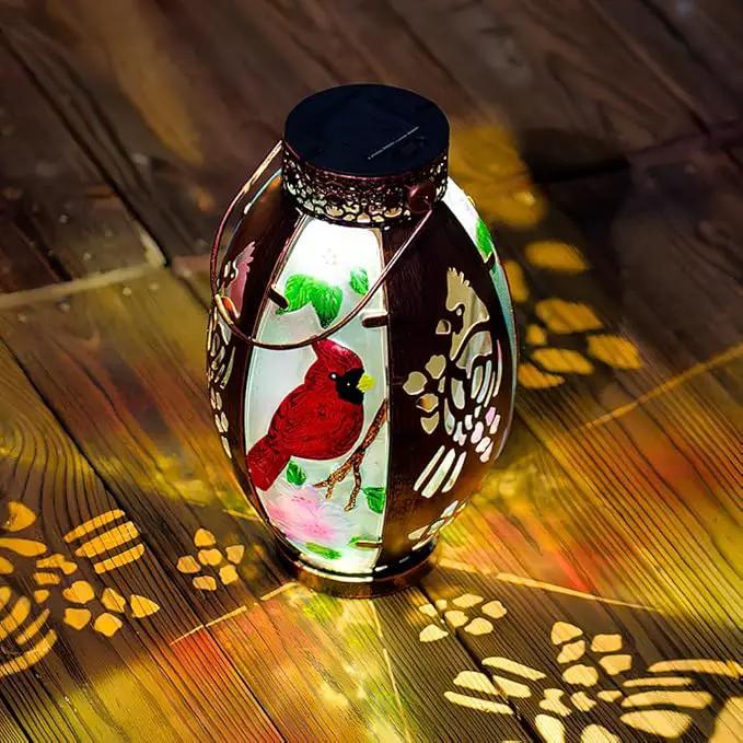 Starsoul Cardinal Outdoor Solar Lantern - Metal & Stained Glass Cardinal Solar Light, Waterproof Tabletop Lamp with Hollowed-Out Design for Yard, Patio, Garden, Pathway by GreenHaven Gardens