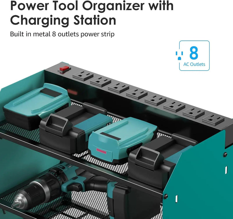 CCCEI Modular Power Tool Organizer Wall Mount with Charging Station. Garage 4 Drill Storage Shelf with Hooks, Drill Bit Heavy Duty Rack, Navy Blue Tool Battery Holder Built in 8 Outlet Power Strip. by GreenHaven Gardens