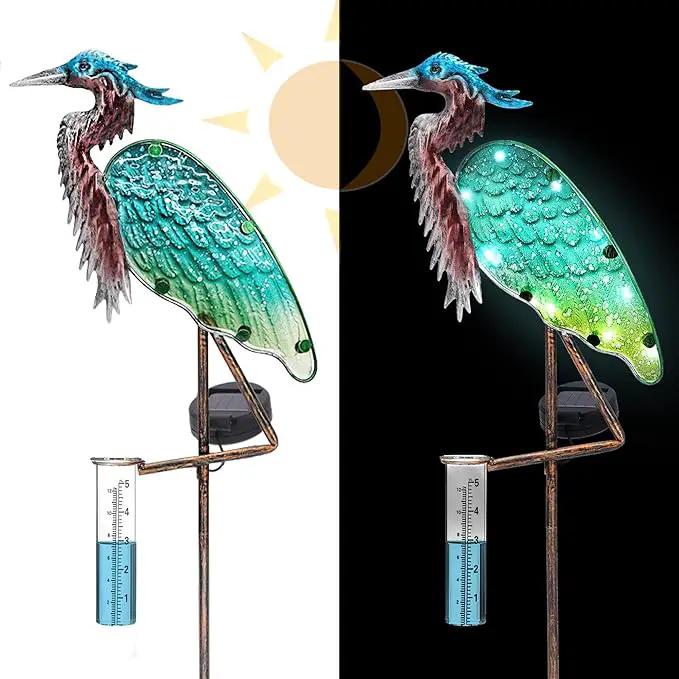 Heron Rain Gauge Solar Stake Outdoor, 43’’ Solar Rain Gauge LED Lights with Rainfall Gauge for Garden, Yard, Lawn, Pathway, Patio by GreenHaven Gardens