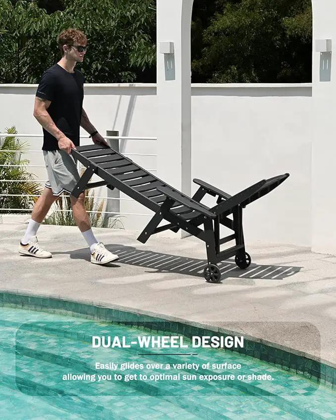 Lounge Chair Outdoor Set of 2, HDPE Chaise Lounge Outdoor with 6-Position & Wheels &Cup Holder, Pool Lounge Chair for Pool Poolside Deck Backyard Patio, Black by GreenHaven Gardens