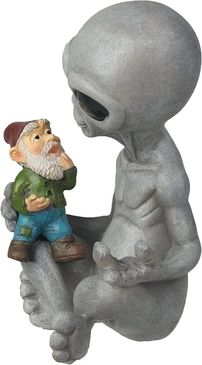 Andre' & Fritz Friendship Stories Alien and Gnome Garden Statue | Poly-Resin 6.5" h x 4" w x 3.5" d Outdoor Décor (Stories - Garden Statue) by GreenHaven Gardens