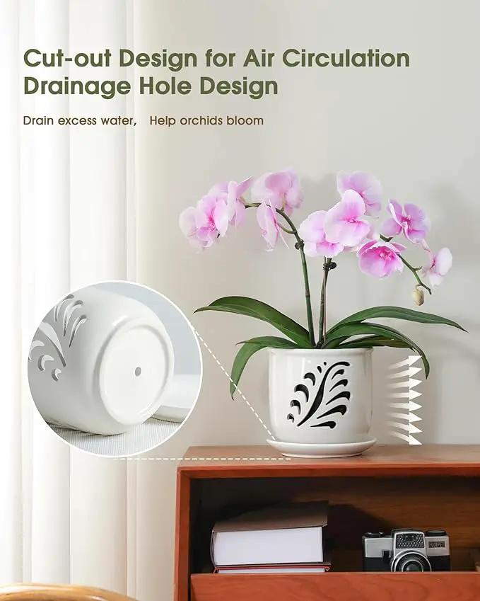 Ceramic Orchid Pot, 6 Inch Orchid Pots with Holes and Saucer for Indoor/Outdoor Plants Drainage & Air Circulation, White Orchid Planter for Repotting or New Plants by GreenHaven Gardens