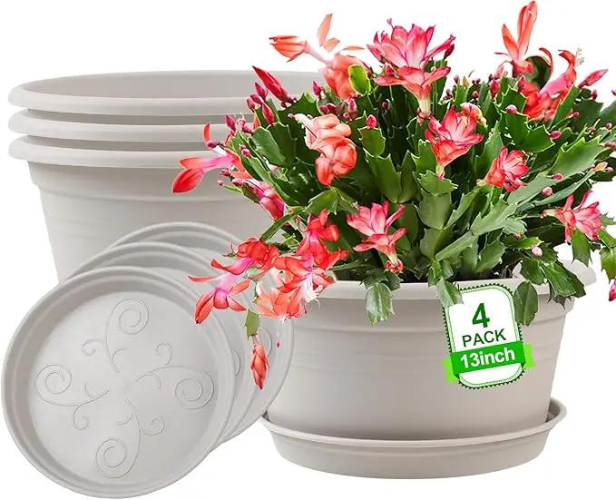 Large 4 Pack13 inch Plant Pots, Round Plastic Pots for Plants, Outdoor Planters with Drainage Hole & Tray Saucer, Decoration Large Flower Pots for Indoor Outdoor Garden Home Plants (White) by GreenHaven Gardens