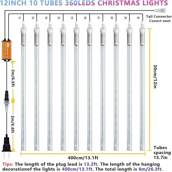 Christmas Meteor Shower Lights Outdoor - 12 Inch 10 Tube 360 LED Falling Rain Snow Icicle Cascading Light for Xmas Tree Garden Roof Eaves Decoration by GreenHaven Gardens