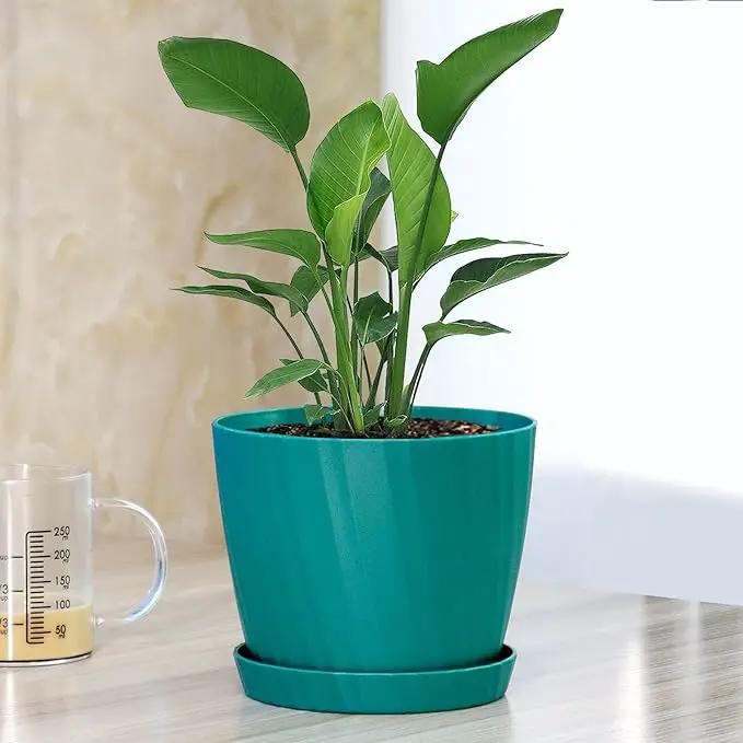 6 Inch Plant Pots Bulk, 6 Pack Plastic Planters with Drainage Holes and Saucers for Indoor Outdoor House Plants and Flowers, Green by GreenHaven Gardens