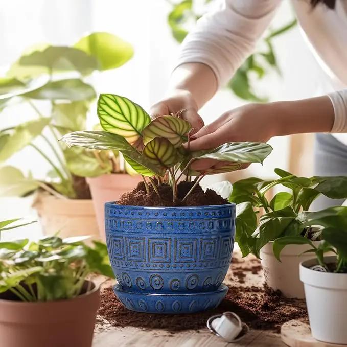 G EPGardening Plant Pots Indoor 5 Inch - Ceramic Pot for Plants with Drainage Hole and Saucer Round Planter Outdoor Modern Flower Pot Home Office Decor Blue by GreenHaven Gardens