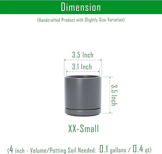 D'vine Dev Set of 4 Small Ceramic Plant Pots, 3.5 Inch Succulent Planter Pot for Plants with Drainage Hole and Saucer, Grey, 94-X-A-3 by GreenHaven Gardens