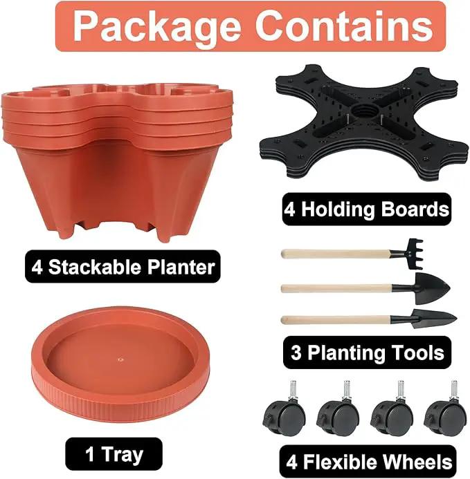 Vertical Planter 4 Tier Stackable Planters Garden Planters Strawberry Herb Flower and Vegetable Planter Indoor Outdoor Gardening Pots with Removable Wheels and Tools by GreenHaven Gardens
