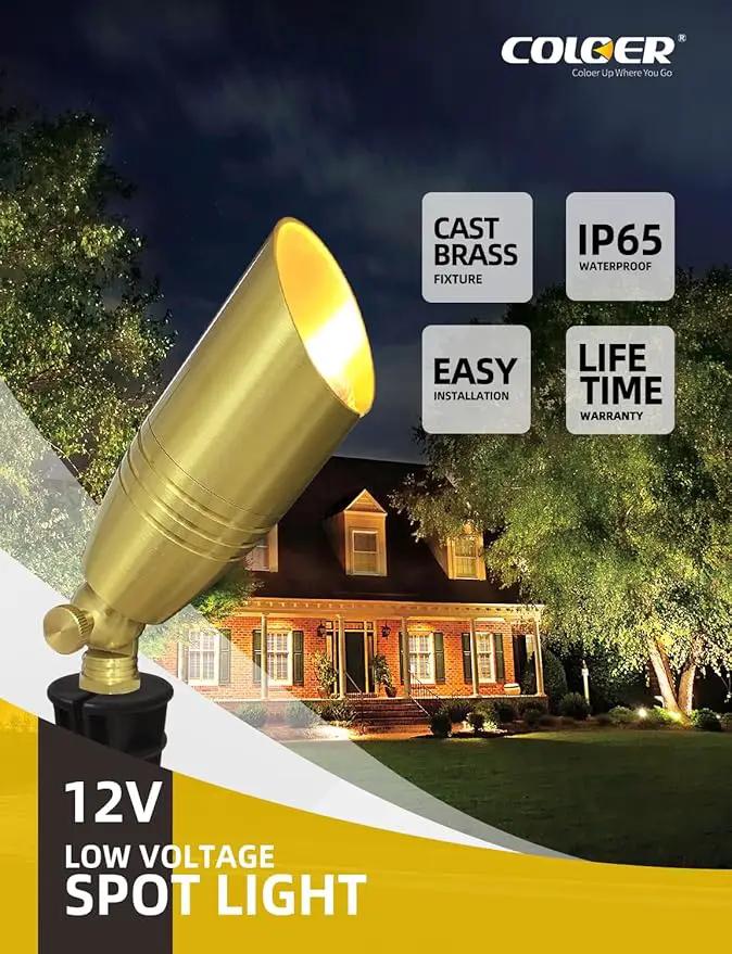COLOER Die-cast Brass Landscape Spotlight 6-Pack with 5W Aluminum Housing LED MR16 Bulb,12V AC/DC Low Voltage Copper Outdoor Lighting, Directional Garden Patio Spot Up Light (102B Brass Finish) by GreenHaven Gardens