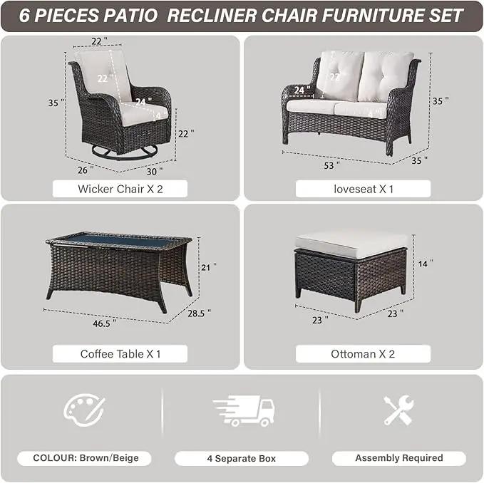Wicker Outdoor Furniture Patio Furniture Set - 6 Piece Patio Conversation Set with Swivel Rocker Chairs, Loveseat Sofa, Ottomans and Coffee Table, Beige Cushion by GreenHaven Gardens