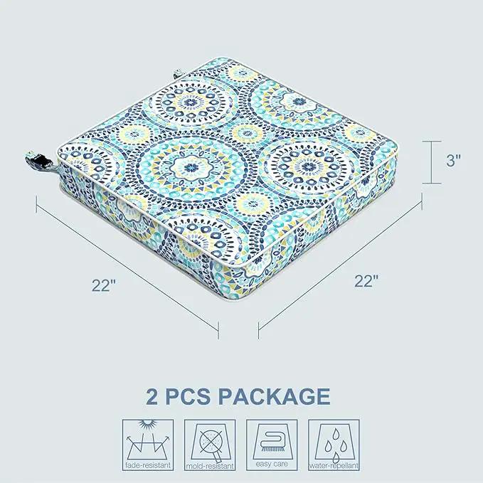 LVTXIII Patio Chair Cushions 22"x22"x3", Water-Repellent Outdoor Seat Cushions for Patio Furniture, Square Chair Pads with Ties for Home Garden Decoration, Set of 2, Delancey Lagoon by GreenHaven Gardens