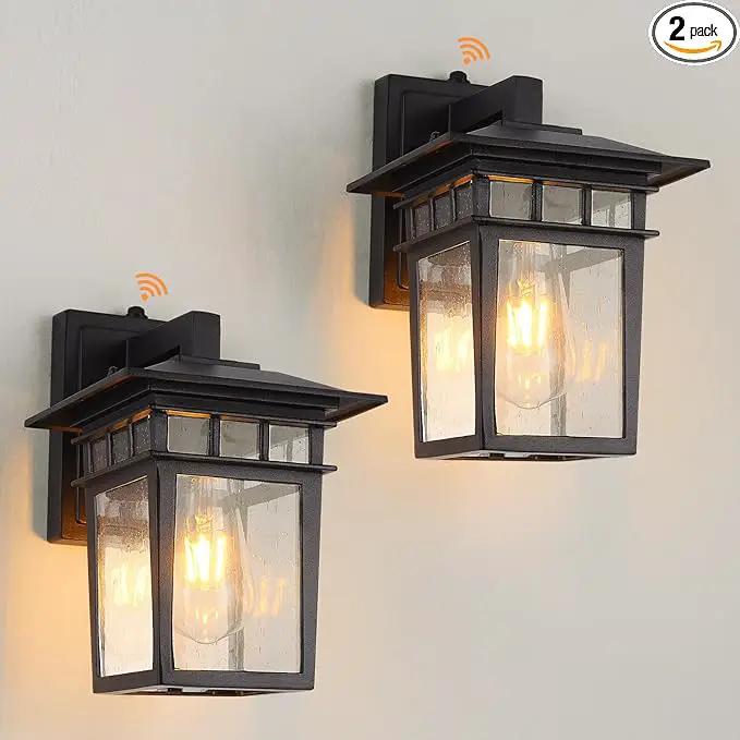 Outdoor Wall Lantern, Exterior Lighting Fixtures Wall Mount, 2 Pack Black Outdoor Sconce with Seeded Glass, Dusk to Dawn Exterior Porch/Patio Lights for House Front Door Garage by GreenHaven Gardens
