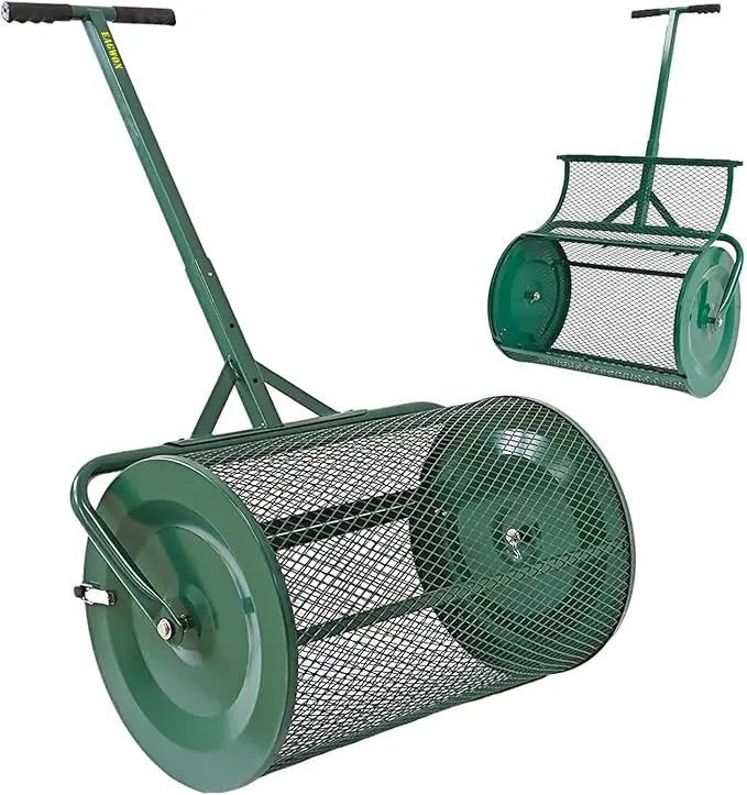 Compost Spreader, 24" Peat Moss Spreader, Roller Lawn Spreader with 3 Heights T Shaped Handle, Side Latches Powder Coated Steel Mesh Basket, Lawn & Garden Spreader for Spreading Manure Topsoil, Green by GreenHaven Gardens