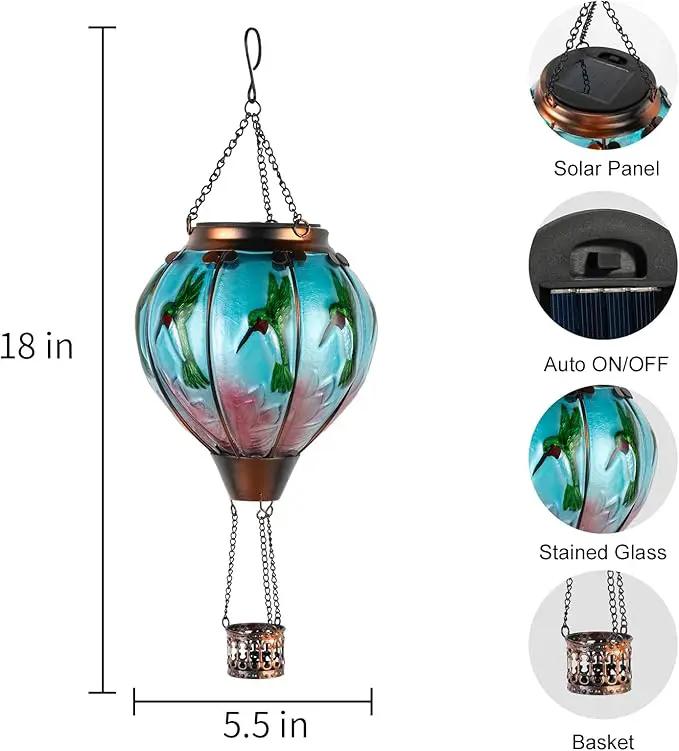Hummingbird Hot Air Balloon Hanging Solar Lantern Lights, Flickering Flame Solar LED Candle Lights Outdoor Garden Decorative Metal & Glass Waterproof Lanterns for Yard Patio Farmhouse Decoration by GreenHaven Gardens