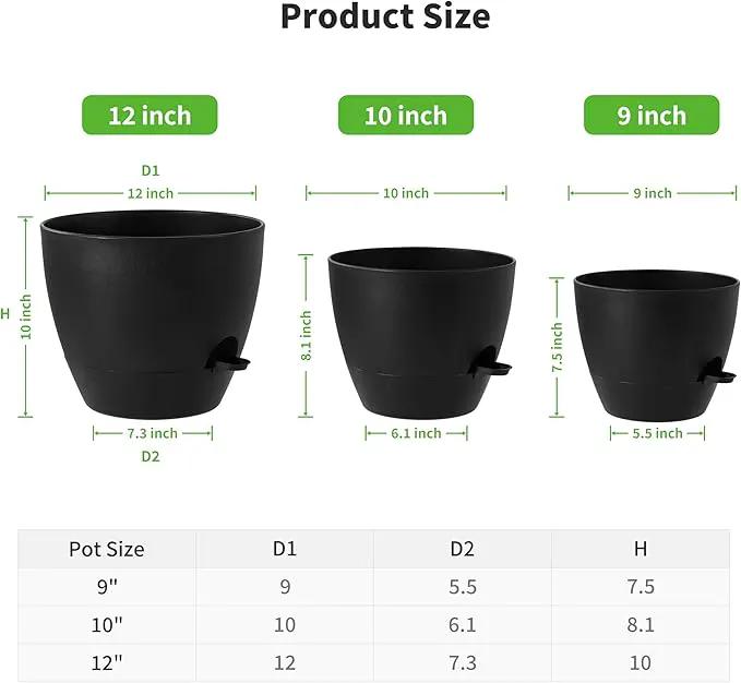 FaithLand 3-Pack Large Planter Pots, 12 10 9 Inch Self Watering Flower Pots for Indoor Outdoor Garden Plants, Black by GreenHaven Gardens
