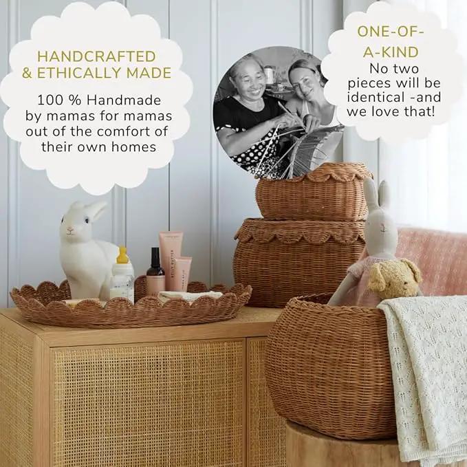 BEBE BASK Large Scalloped Basket Set Of 3 - Hand-Woven & Award-Winning Scallop Basket - XL - Extra Large for Blankets 22 x 16 x 10 In - Elegant Wicker With Scalloped Edge Lid (Mocca) by GreenHaven Gardens