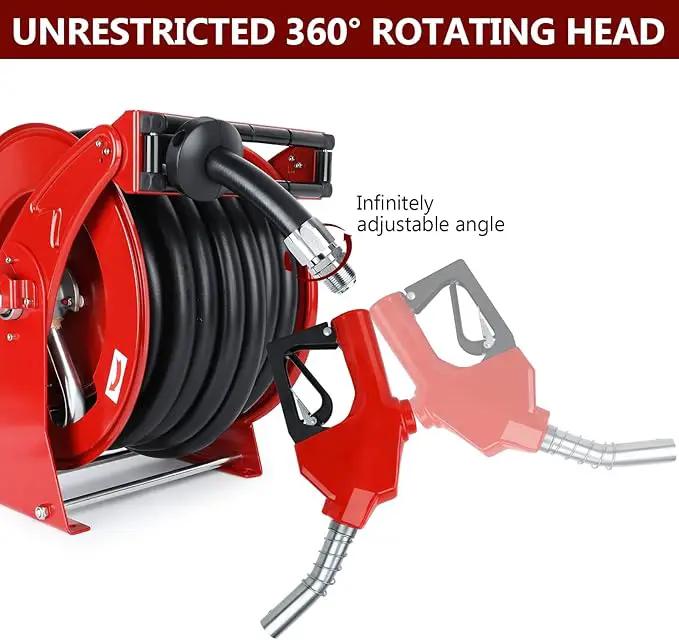 Fuel Hose Reel with Fueling Nozzle, 1" x 50FT Retractable Diesel Hose Reel, 300 PSI Industrial Heavy Duty Auto Swivel Rewind Hose Holder Reels, for Vehicle Tank Truck Trailer Ship by GreenHaven Gardens