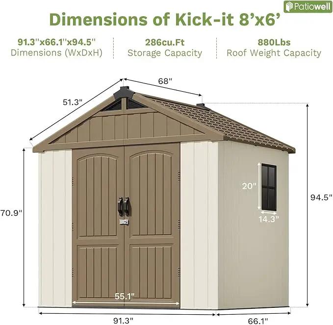 Patiowell 8 x 6 FT Plastic Outdoor Storage Shed with Floor, Resin Shed with Window and Lockable Door for Garden, Backyard, Tool Storage Use, Easy to Install in Brown (Kick-it Shed) by GreenHaven Gardens