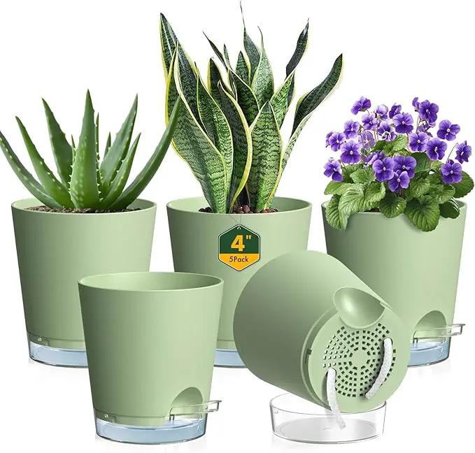 4 inch Self Watering Pots for Indoor Plants, 5 Pack Small Flower Plant Pots with Drainage Holes and Clear Reservoirs, Visible Water Level, Plastic Planters with Wicking Rope, Green by GreenHaven Gardens