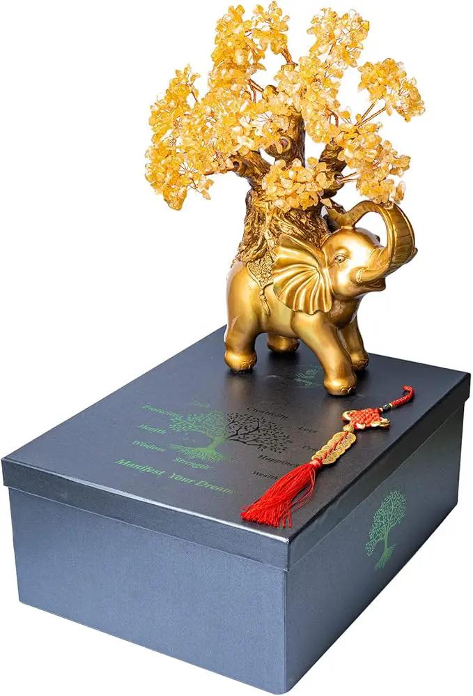 Citrine Crystal Money Tree on Gold Elephant Statue, 17”Large Gemstone Bonsai Tree of Life Home Décor Gifts for Wealth Positive Energy, Feng Shui Décor by GreenHaven Gardens