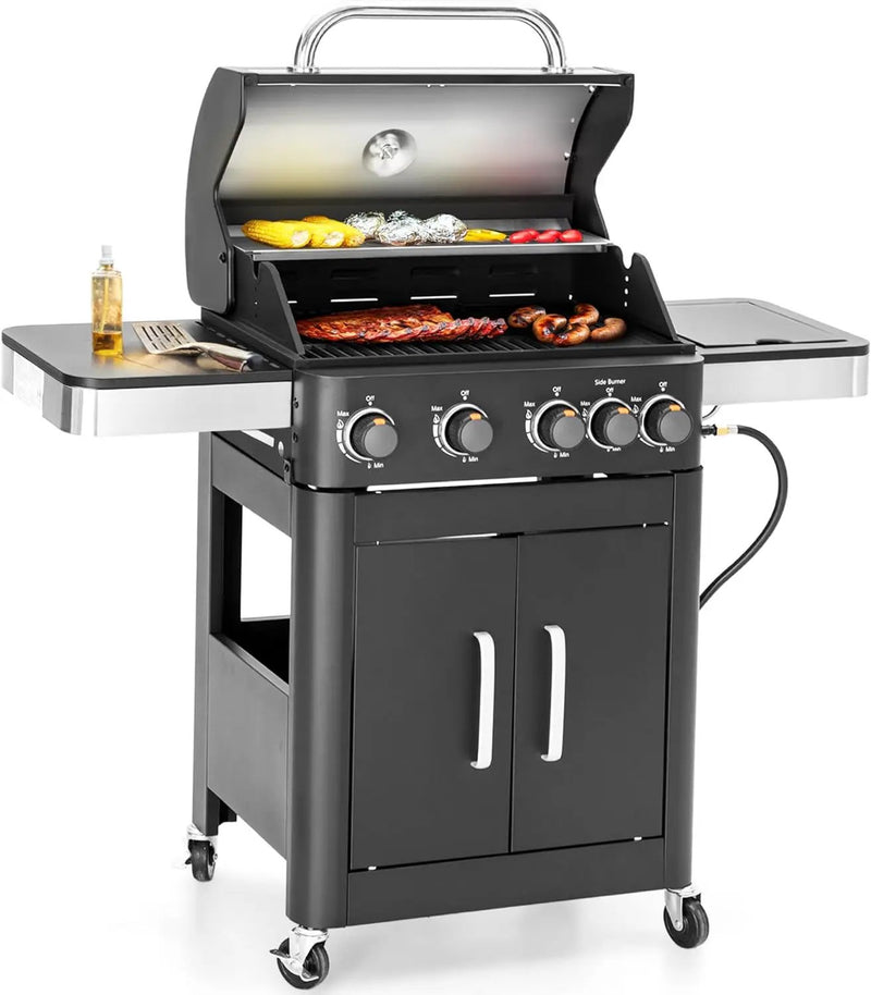 Sophia & William 4-Burner Gas BBQ Grill with Side Burner & Porcelain-Enameled Cast Iron Grates, Outdoor Cooking Propane Grills Cabinet Style Garden Barbecue Grill, 46,700BTU, Black by GreenHaven Gardens