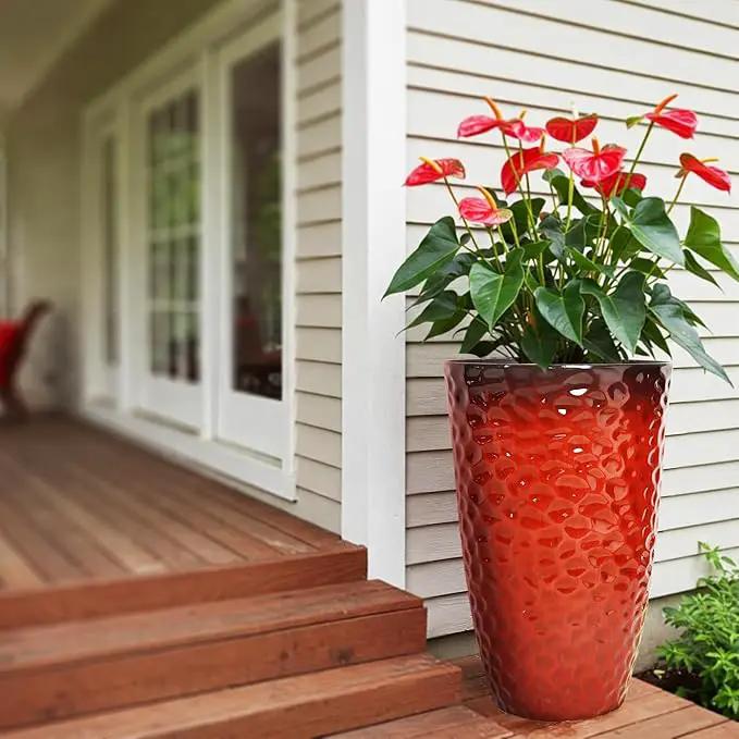 Worth Garden 14" Dia x 24" H Large Plastic Planters with Drainage Hole, Set of 2 Hammered Texture Red Glossy Smooth Finish, Tall Taper Round Decorative Flower Plant Pot for Indoor Outdoor, Front Porch by GreenHaven Gardens