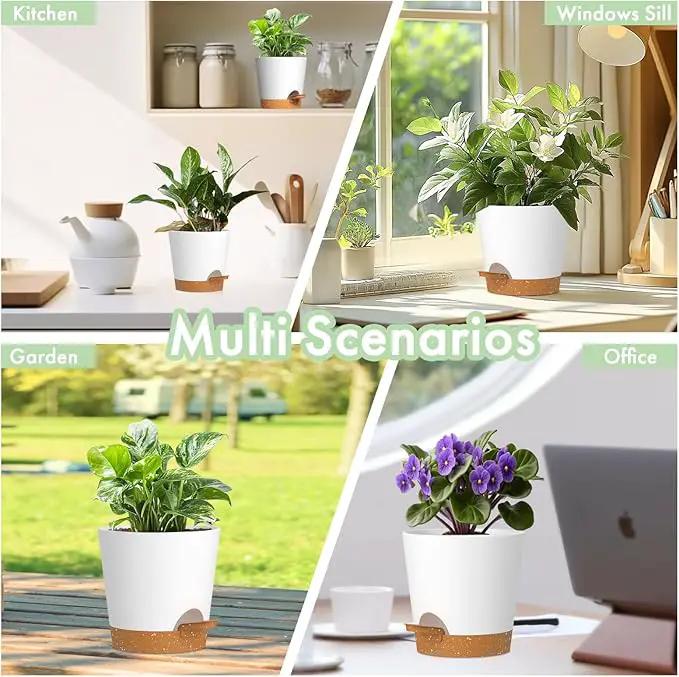 4 inch Self Watering Pots for Indoor Outdoor Plants, 6 Pack Plastic Flower Planters with Drainage Holes and Removable Saucers, Plant Pots with Wicking Rope, Modern Decor, White Brown by GreenHaven Gardens