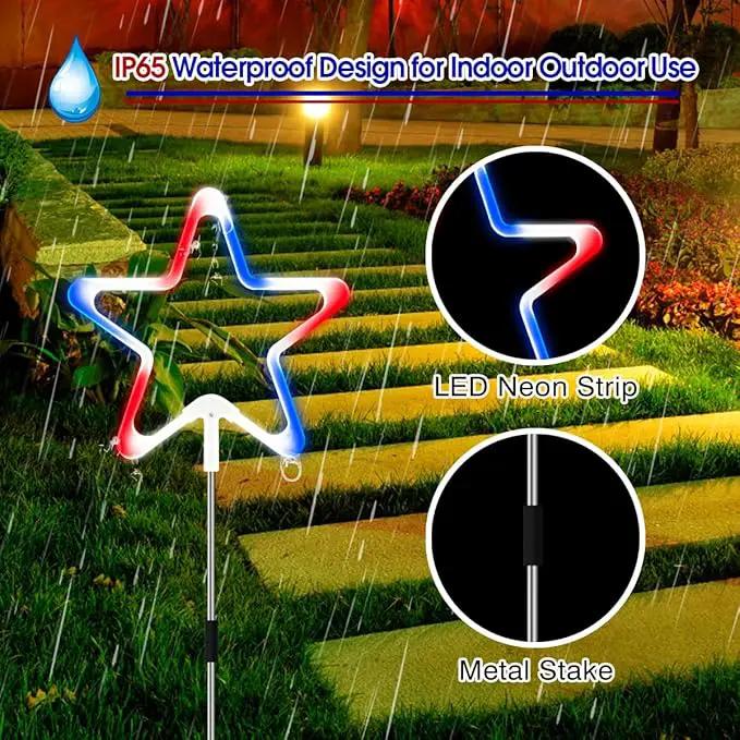 4th of July Decorations Red White and Blue Light, 4PCS Big LED Neon Star Pathway Lights Outdoor, Patriotic Garden Stake Lights with 8 Modes Waterproof for Independence Day Yard Lawn Decor by GreenHaven Gardens