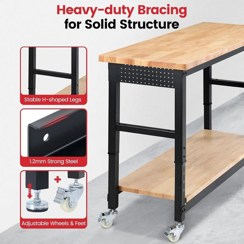 Workbench with Wheels 60 x 22 Heavy Duty Rubberwood Tabletop Work Bench Adjustable Height Garage Work Table with Under Table Shelf, Sided Pegboard, Power Outlets for Home Office by GreenHaven Gardens
