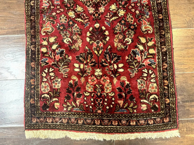 Small Persian Sarouk Rug 2x4, Floral, Red Hand Knotted Wool Traditional Oriental Carpet, Antique Persian Rug 2 x 4 by Jewel Rugs