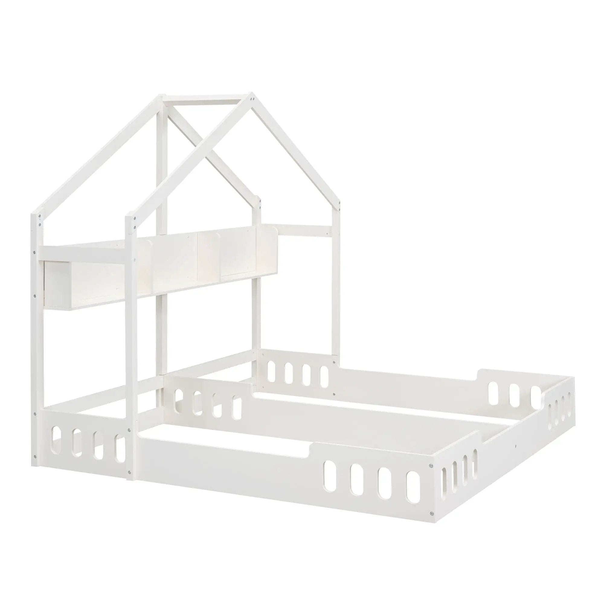 Twin Size Platform Bed With Shared Design, Guardrails, And Built In Shelves - Creamy White by HouseOfZazla