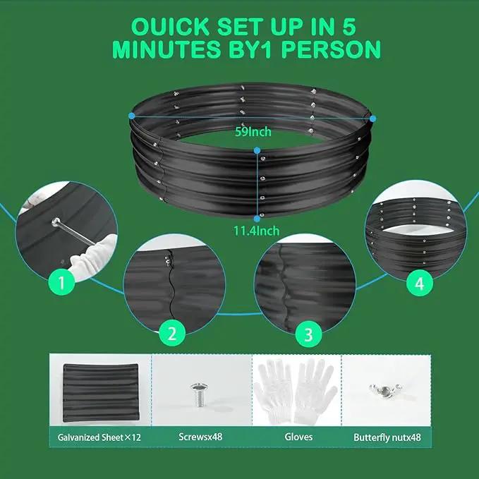 Durable Round Galvanized Steel Raised Garden Bed for Planting,Round Galvanized Steel Fire Ring/Fir Pit for Outdoor- 5×5×1FT,0.8MM Thick(Black, 60 ins Diameter x 12 ins high) by GreenHaven Gardens
