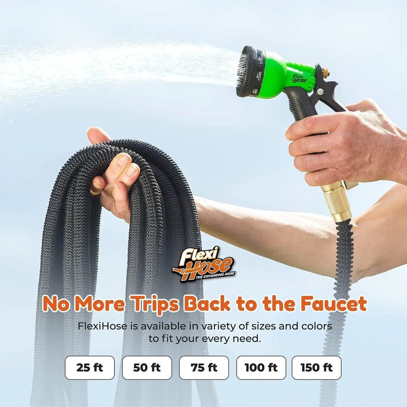 Flexi Hose PLUS with 8 Function Nozzle Expandable Garden Hose, Lightweight & No-Kink Flexible Garden Hose, 3/4 inch Solid Brass Fittings and Double Latex Core, 150 ft Black by GreenHaven Gardens