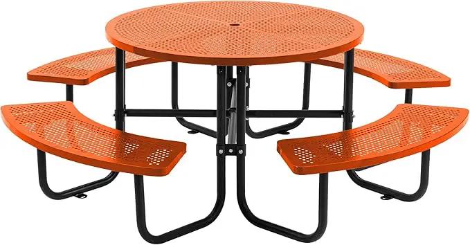 46'' Steel Round Picnic Table for Outdoors, Expanded, Lifetime Picnic Table with Umbrella Hole, Heavy Duty Sturdy Commercial Picnic Tables for Garden Courtyard BBQ, Orange by GreenHaven Gardens