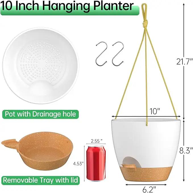 ZMTECH 10 Inch Hanging Planters for Indoor Outdoor Plants, 2 Pack Self Watering Hanging Plant Pots with Drainage Holes and Removable Saucer, Plastic Flower Hanging Pots with Watering Lip (White) by GreenHaven Gardens