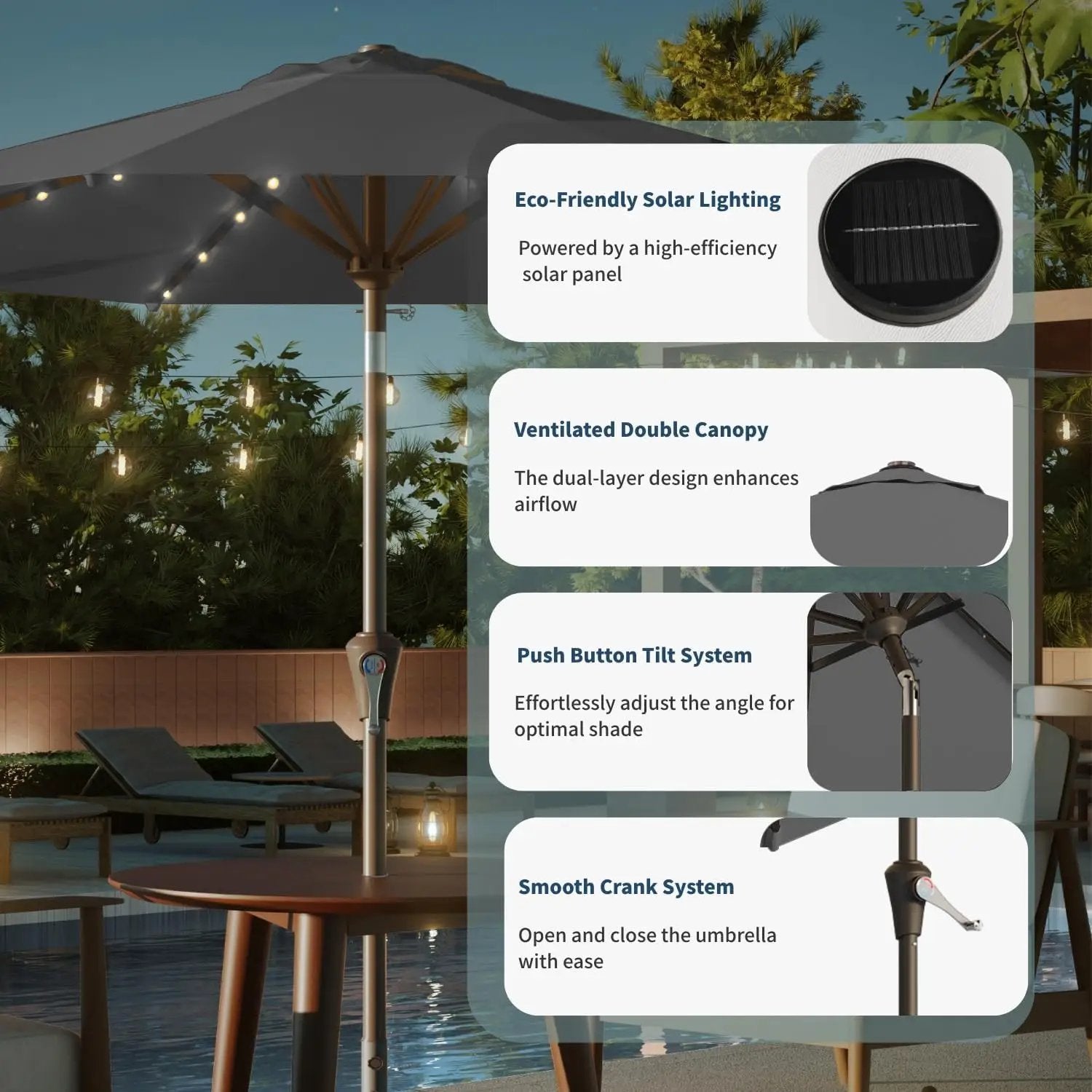 10FT Solar Umbrella 32 LED Lighted Patio Umbrella Table Market Umbrella w/Tilt and Crank, UV-Resistant Outdoor Umbrella for Pool, Garden, Deck, Gray by GreenHaven Gardens