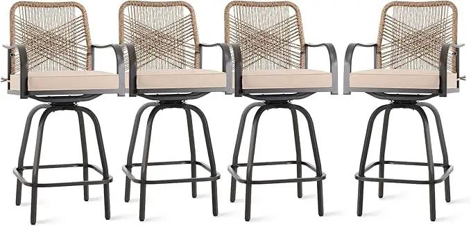 Outdoor Bar Stools Set of 4, Patio Swivel Counter Height Rattan Bar Stools, Patio Wicker Bar Swivel Chairs with Cushion, Outdoor Pool Bar Chairs for Backyard Garden Balcony w /360 Rotation by GreenHaven Gardens