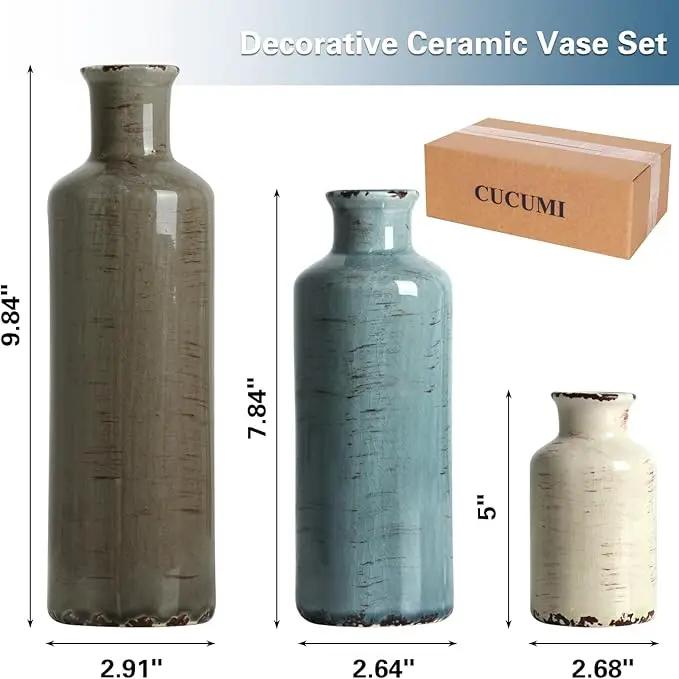 CUCUMI Ceramic Flower Vases Set of 3, Rustic Coastal Home Decor for Farmhouse Shelves, Ocean Beach Style, Mantle, Fireplace, Coffee Table, Shelf for Living Room by GreenHaven Gardens