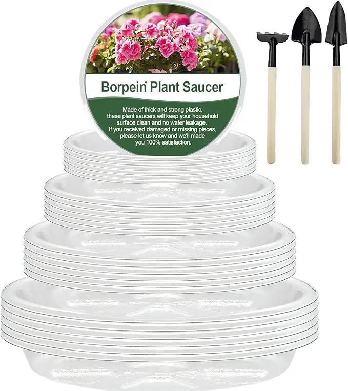 BORPEIN Plant Saucer (6,8,10,12inch, 24 Pack) Clear Plastic Plant Trays for Pots Indoors Outdoors, Thicker Flower Pot Saucers, Plant Plate to Catch Water by GreenHaven Gardens