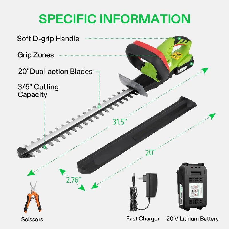 VIVOSUN 20" Cordless Hedge Trimmer, 20V Electric Bush Trimmer, 1400 RPM Shrub Trimmer, Dual-Action Laser Blade, 3/5" Cutting Capacity, Lightweight & Compact Trimmer, Battery and Fast Charger Included by GreenHaven Gardens