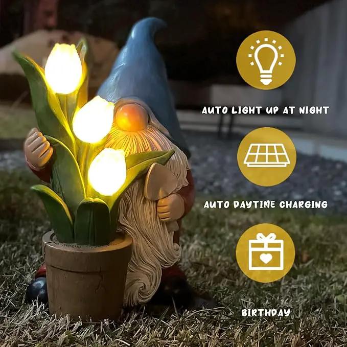 Garden Gnome Statue, Sculpture of a Dwarf Holding a Shovel and a Flower Pot, Solar Gnome Statues Outdoor Decor, Outside Lawn Patio Yard Ornament Gifts by GreenHaven Gardens