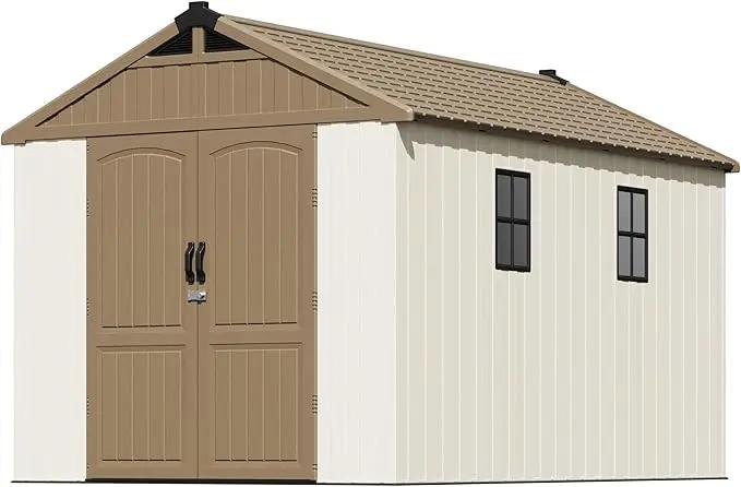 Patiowell 8 x 12 FT Plastic Outdoor Storage Shed with Floor, Resin Shed with Window and Lockable Door for Garden, Backyard, Tool Storage Use, Easy to Install in Brown (Kick-it Shed) by GreenHaven Gardens