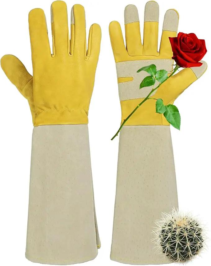 HANDLANDY Rose Pruning Gardening Gloves for Men Women, Thorn Proof Forearm Protection Leather Garden Gloves, Gardening Gifts for Gardeners (Yellow- goatskin, Medium (Pack of 1)) by GreenHaven Gardens