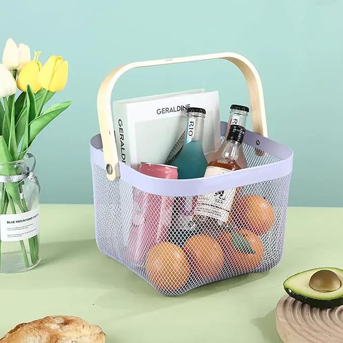 Metal Mesh Steel Basket, Storage Organizer Basket Multi-functional Hanging Kitchen Baskets Fruit Basket Bin with Bamboo Handle for Kitchen Bathroom Picnic Shopping Decor Cabinet Home, Purple by GreenHaven Gardens