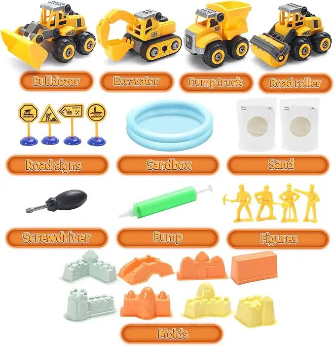 Play Construction Sand Kit,2.2lbs Magic Sand W/4 Large Take Apart Construction Trucks,1 Sandbox,8 Worker Figures and Road Signs,8 Molds,Toys for 2-8 Years Old Boys Girls by GreenHaven Gardens