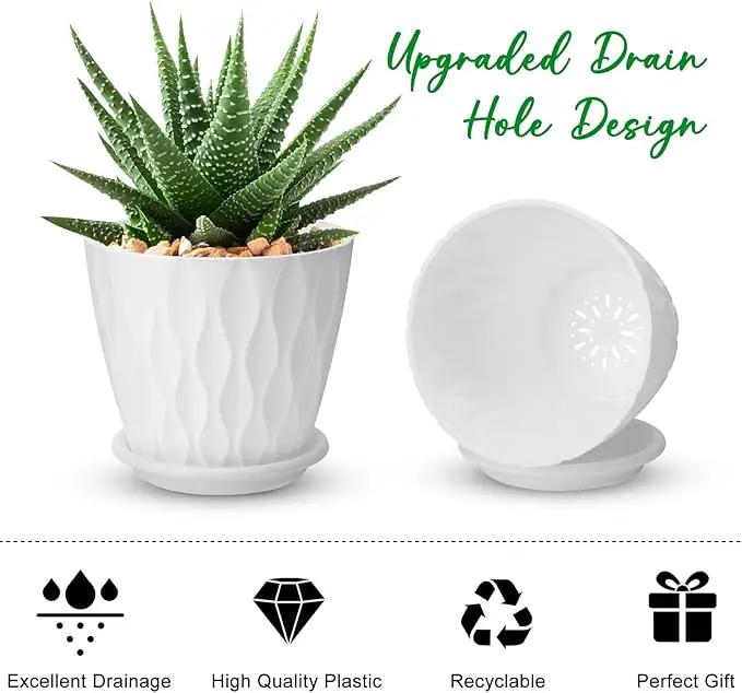 4 inch Plant Pots, 5 Pack Flower Pots Outdoor Indoor, Planters with Drainage Holes and Tray Saucers（White） by GreenHaven Gardens