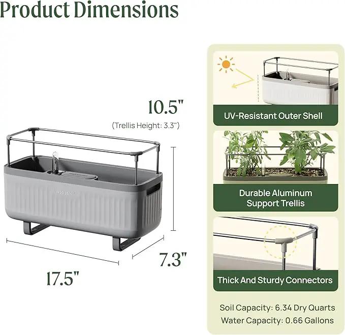 Vego Garden Herb Indoor Plant Box, Self Watering Planters Pots for Indoor Plants with Trellis for Kitchen Window Sill or Countertop Plants Cage - Fog Gray by GreenHaven Gardens